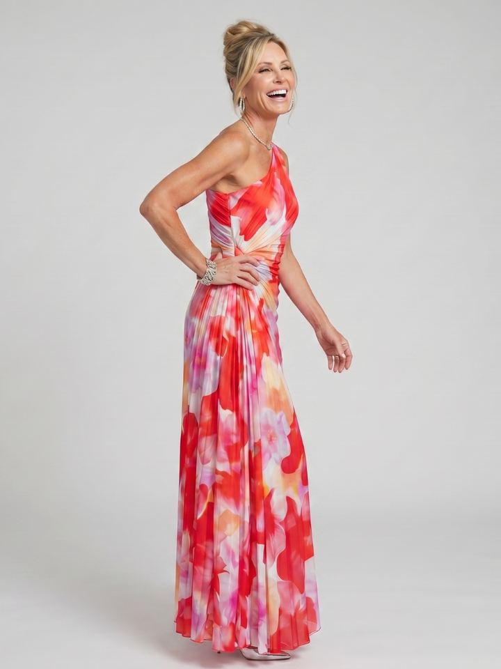 Taya | Robe Midi à Épaule Unique avec Corsage Plissé