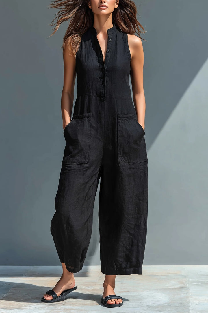 Eloïse™ | Combinaison minimaliste sans manches pour femme, avec col montant et patte boutonnée
