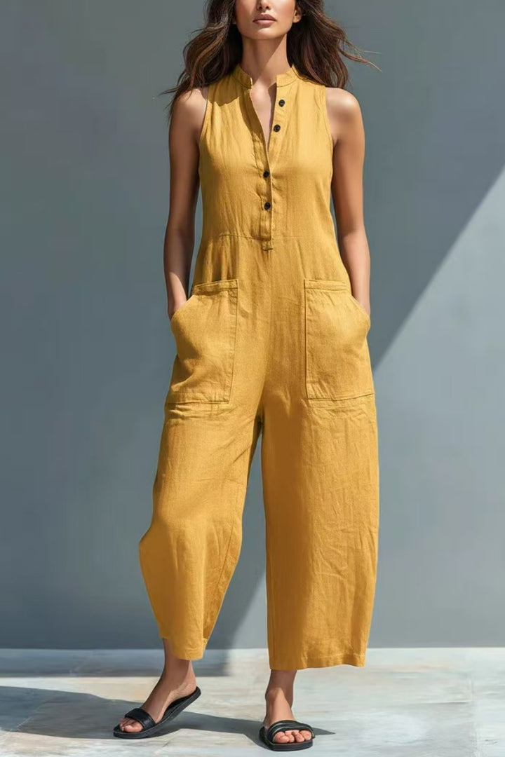 Eloïse™ | Combinaison minimaliste sans manches pour femme, avec col montant et patte boutonnée