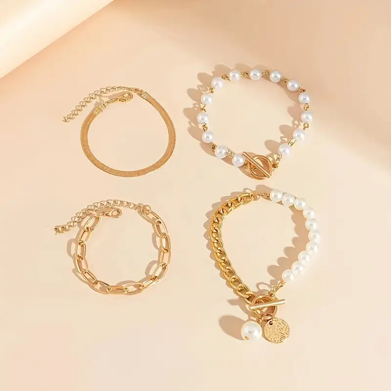 Ensemble de bracelets chic en or 4 pièces – Serpent, perles et maillons